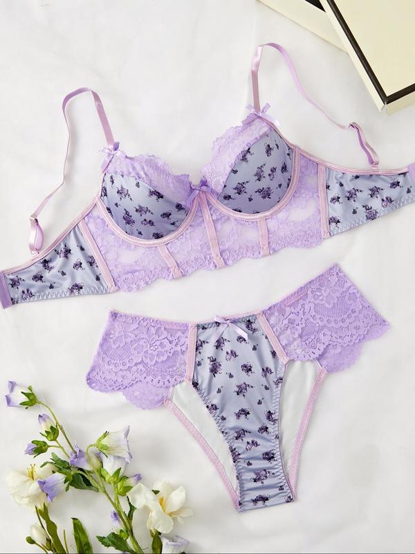 Women's Contrast Floral Lace Bow Front Underwire Bra & Panty Set, Romantic Adjustable Strap Push Up Bra & Panty Set, Soft Comfy Breathable Underwear Set for Women 5