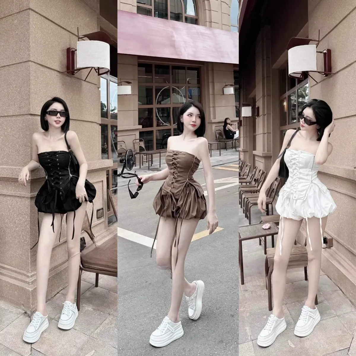 Set kaki  áo đan dây khoá kéo mix quần bí sang chảnh,cá tính.