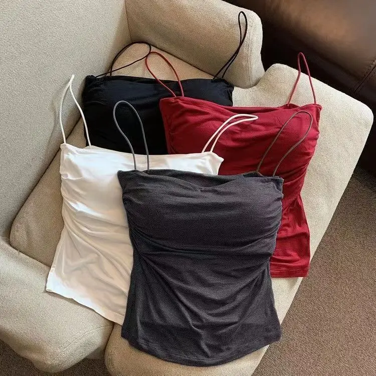 Áo Vest Hai Dây Xếp Ly, Dành Cho Nữ, Thiết Kế Dễ Thương Và Gợi Cảm, Thích Hợp Cho Mùa Hè, Dây Đeo Mỏng, Có Thể Mặc Bên Trong, Áo Không Tay, Để Giảm Cân, Xuất Hiện, Bán Chạy Tại Cửa Hàng