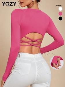 YOZY-GOOO Women's Plain Criss Cross Backless Crop Tee, Casual Long Sleeve T-shirt for Spring, Women's Clothing for Daily Wear