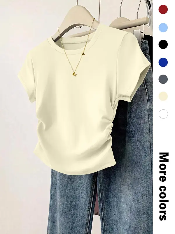 Women's Plain Curved Hem Ribbed Tee, Casual Short Sleeve Round Neck T-shirt for Daily Wear, Ladies Clothes for All Seasons, Top, Womenswear 4