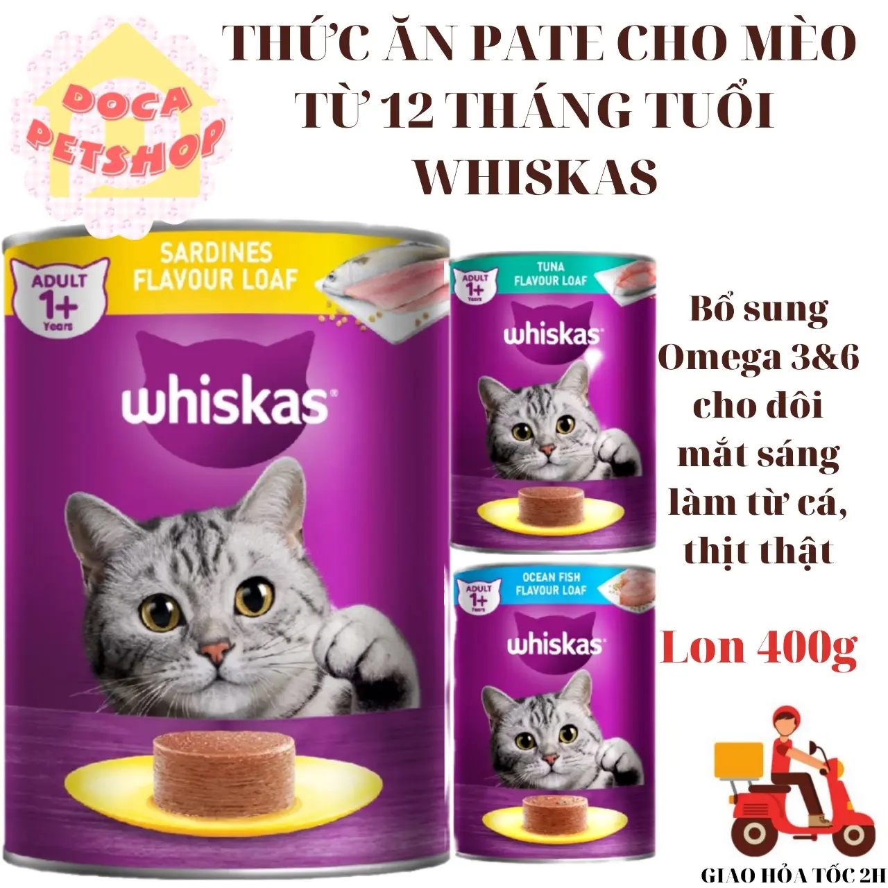 Pate cho mèo trưởng thành whiskas lon 400g nhiều vị - Docapetshop patetuo  ichomeo cam ice raw food
