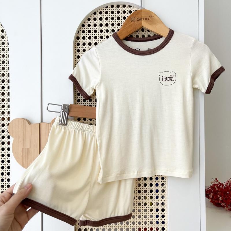 Bộ cộc tay cho bé trai bé gái cotton lụa mát lạnh 8kg đến 30kg bộ mặc nhà set mặc nhà đồ bộ cho bé SEUNKIDS kem xanh mint hồng xanh da trời nâu set đồ  bé gái