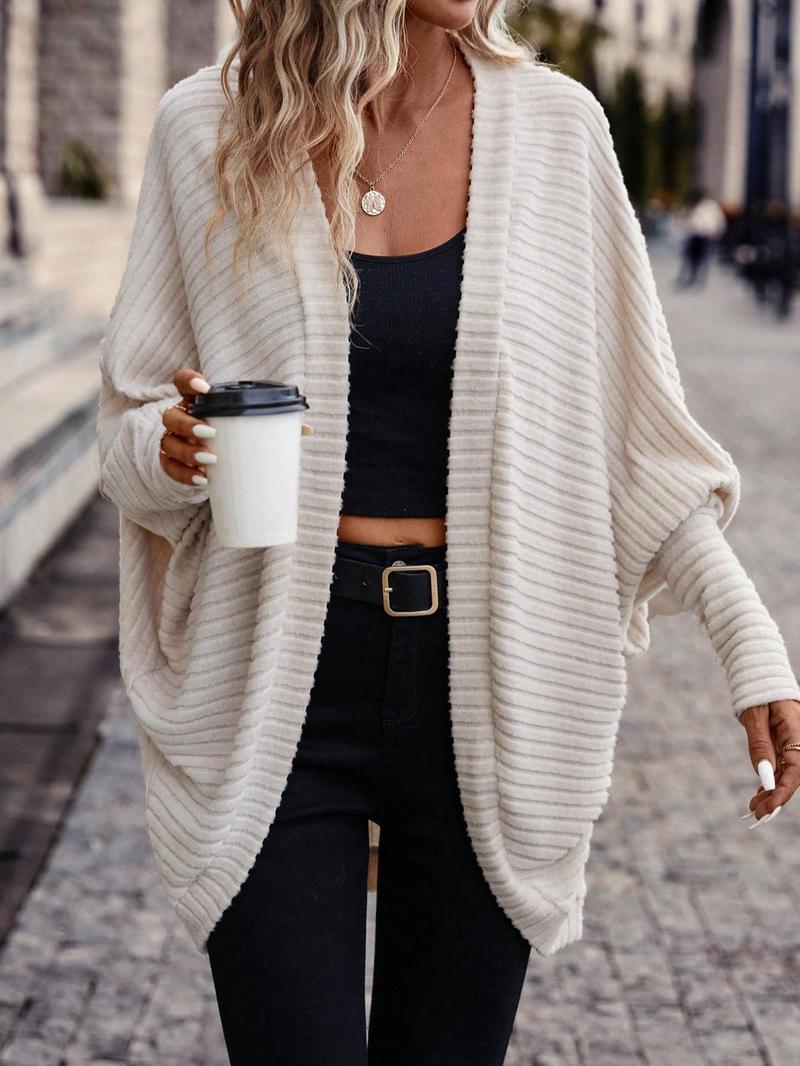 Product Introduction of Women's Solid Color Batwing Sleeve Open Front Cardigan, Casual Long Sleeve Cardigan for Fall & Winter, Women's Knit Clothing for Daily Wear 1