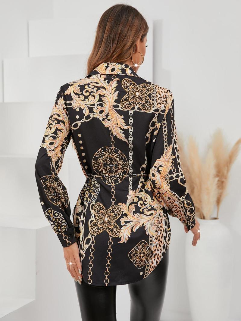 Product Introduction of Women's Baroque Print Button Front Shirt, Elegant Long Sleeve Collared Top for Fall & Winter, Ladies Clothes for Daily Wear 2