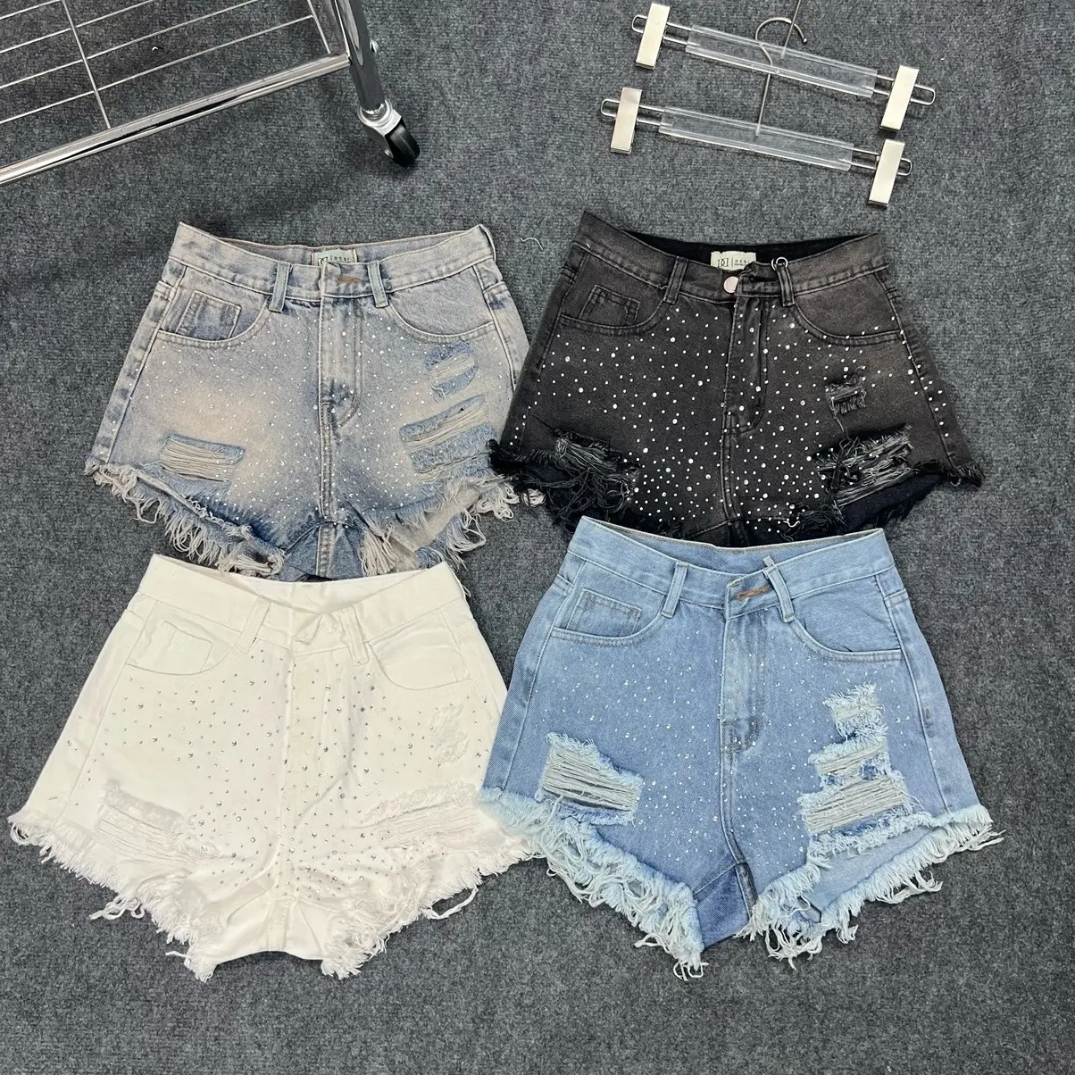KT08 Quần Đùi Jean Nữ Ép Đá Rách Nhiều , Cạp Cao Màu Wash Bạc , Rách Xước Tua Rua , Hai Túi Trước Sau Women Pants quân  jean