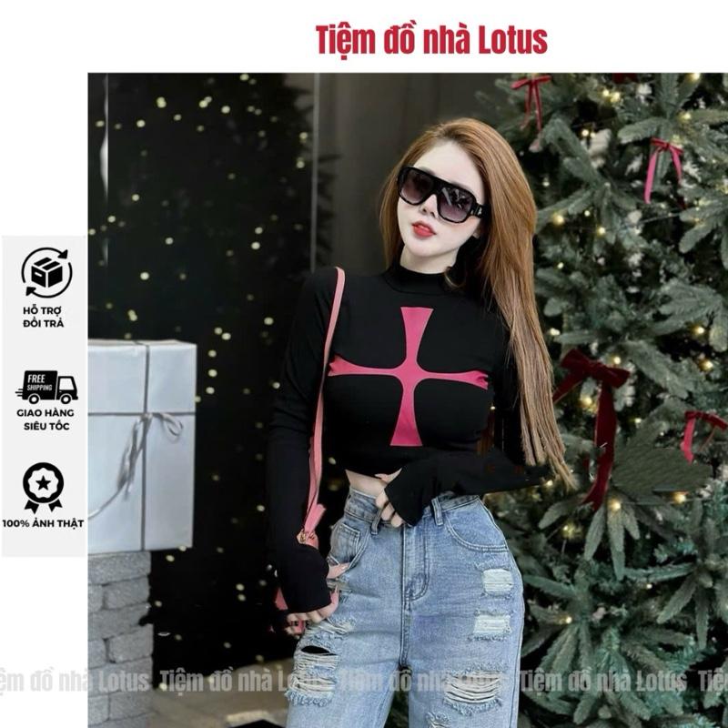 Áo thun borip dài tay in chữ thập  form ôm body (Tiệm đồ nhà Lotus)