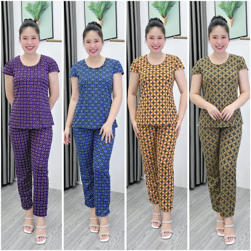 T200 Combo 4 bộ mặc nhà cho mẹ, đồ bộ trung niên thun aty thường mềm mịn, cổ tròn, 40-70kg Nhung Áo