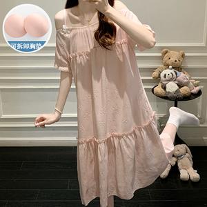 Set Piyama Berpad, untuk Wanita pada Musim Panas, dengan Bra Terbina dalam, Diperbuat daripada Kapas Awan Timbul Tenunan, Tali Boleh Laras, Gaya Puteri, Sesuai untuk Pakaian Tidur dan Santai Selesa