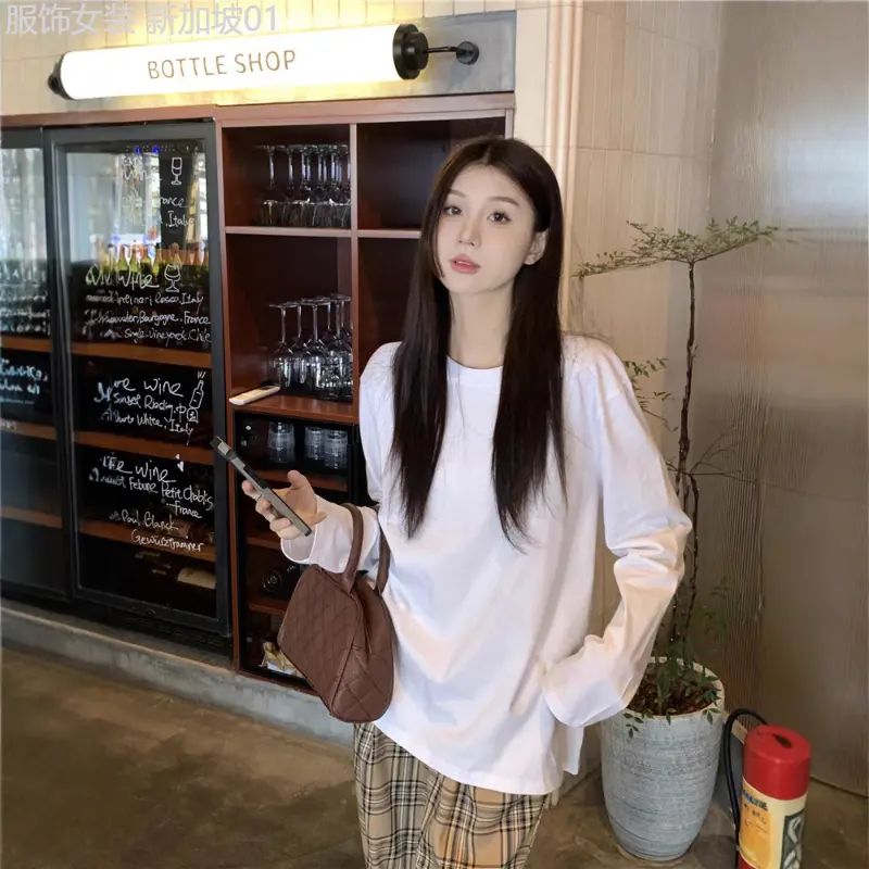 Tree page  Simple And Versatile White Pullover Long-sleeved T-shirt For Women In Autumn Casual Loose Slim Slimming Bottoming Shirt Top
