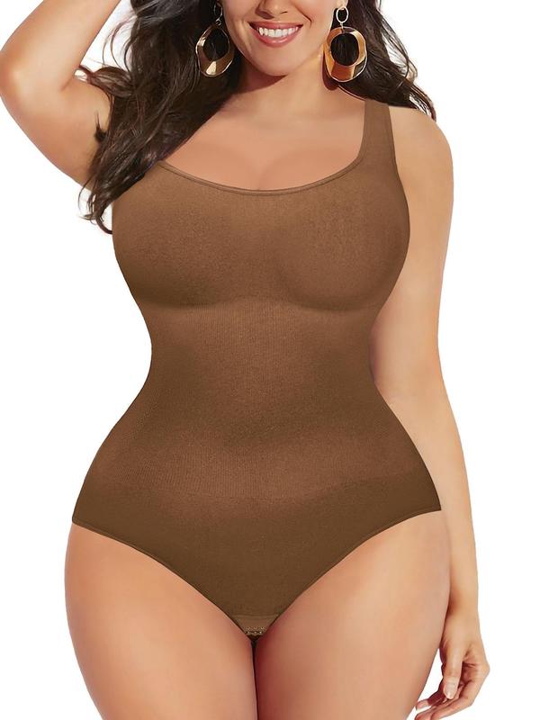 【Plus Size】 Solid Scoop Neck Shapewear Tank Bodysuit, Casual High Stretch Comfy Breathable Shaper, Women's Shapewear for All Seasons, Tummy Tuck Garment, Womenswear 4