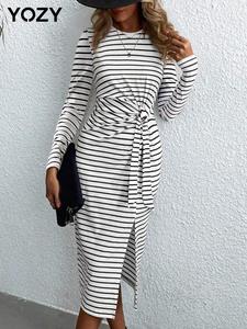 YOZY Striped Print Bodycon Dress, Ruched Long Sleeve Tie Front Split Thigh Round Neck Midi Dress, 2024 Women's Daily Wear for Spring & Fall