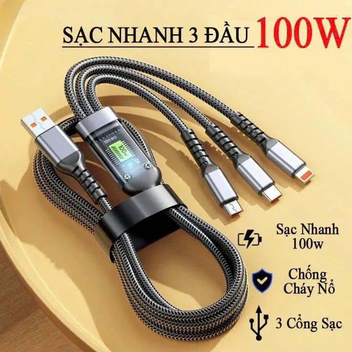 Dây Sạc Tự Ngắt 3in1 - Dây Cáp Sạc Dữ Liệu Sạc Nhanh 100W Micro USB Type C 3 Trong 1 6A 0