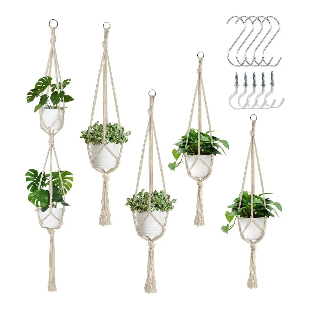 Plant Hanging Basket, 5counts/set Hanging Plant Holder with 10 Hooks, Macrame Plant Hangers, Hanging Plants Flower Pot Holder for Home Decor, Patio