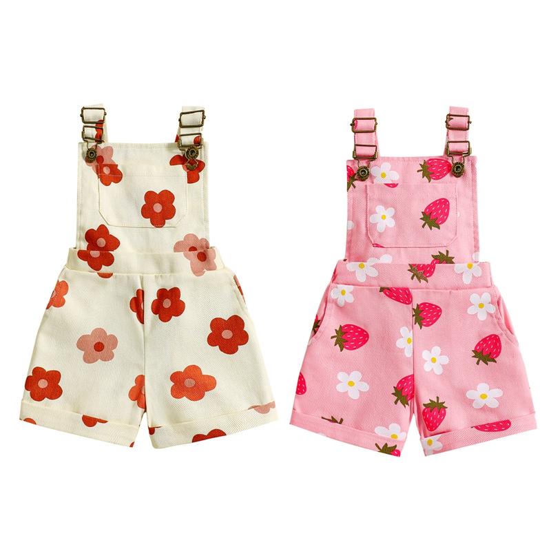 Product Introduction of Pink/ White Toddler Kid Little Girl Denim Overalls Flower/Strawberry Print Jeans Overalls Strap Suspender Shorts Outfit 6 12 18 24 Months 2-6 Years Old Kid 45