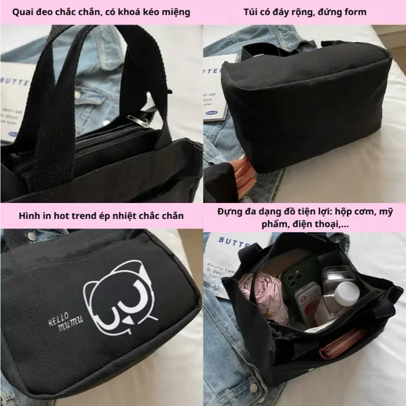 Túi đựng hộp cơm, túi đựng mỹ phẩm, túi mini đa năng túi quai xách vải canvas đựng mỹ phẩm đa năng thiết kế hình in hottrend phong cách 5