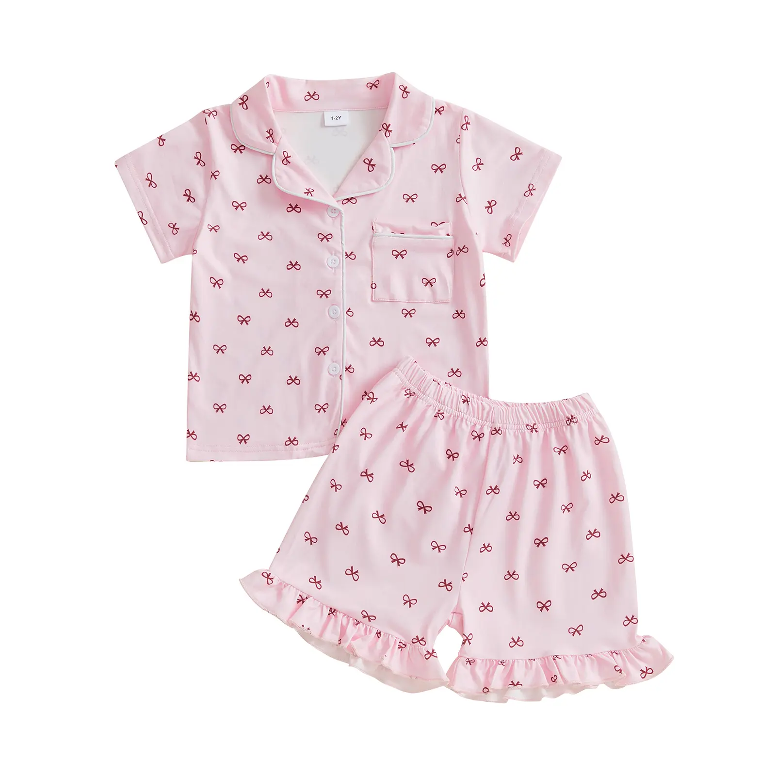 Kids Girls Summer Pajamas Set Bow Print Short Sleeve Shirts Tops Elastic Waist Shorts 2 Pieces Lounge Suit Sleepwear