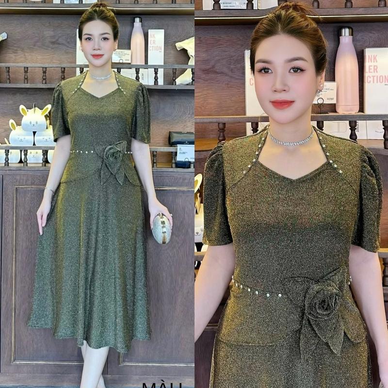 Đầm Đi Tiệc Mã VH732 Dáng Lững Cổ Nữ Hoàng Chất Nhũ Đính Ngọc Thủ Công Co Giãn có size từ 48kg đến 75kg cho Nữ - Women Dress Thun váy mặc xoè chân 2