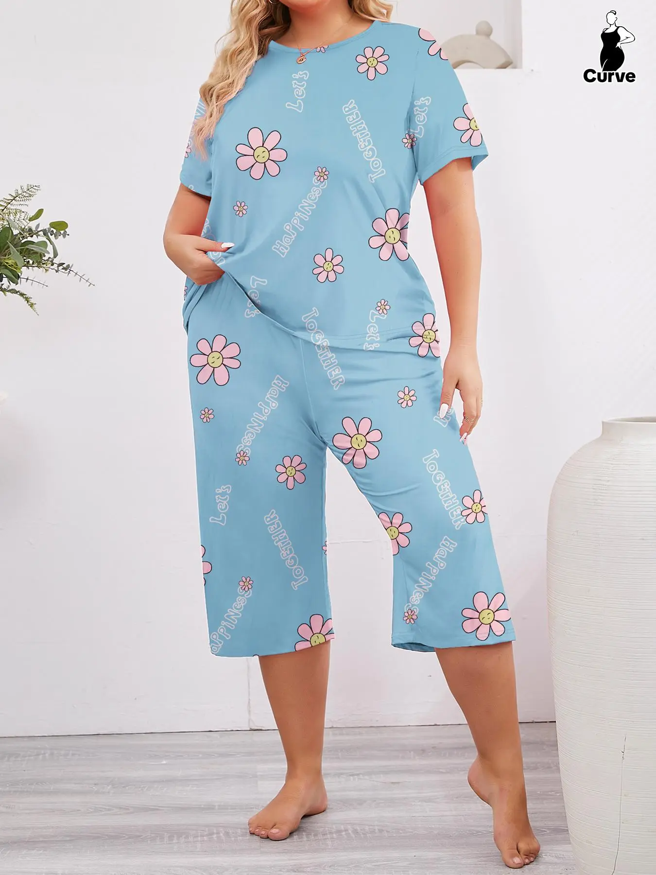 【Plus Size】 Two-piece Set Floral & Letter Print Tee & Elastic Waist Trousers Pyjama Set, Casual Comfy Round Neck Short Sleeve T-shirt & Trousers Set, Women's Sleepwear for Summer, Pajamas