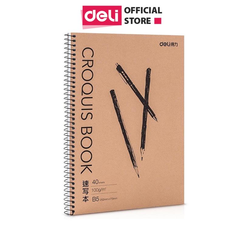 Sổ tay vẽ chì phác thảo sketchbook Deli 80 trang 100gsm/110gsm khổ ngang A4/B5 gáy lò xo dùng cho mỹ thuật phác họa 7696