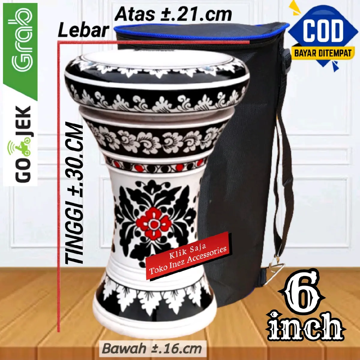 Darbuka Kayu Atau Drumbuk Mini 6 inch Putih Hitam Rolling Putih