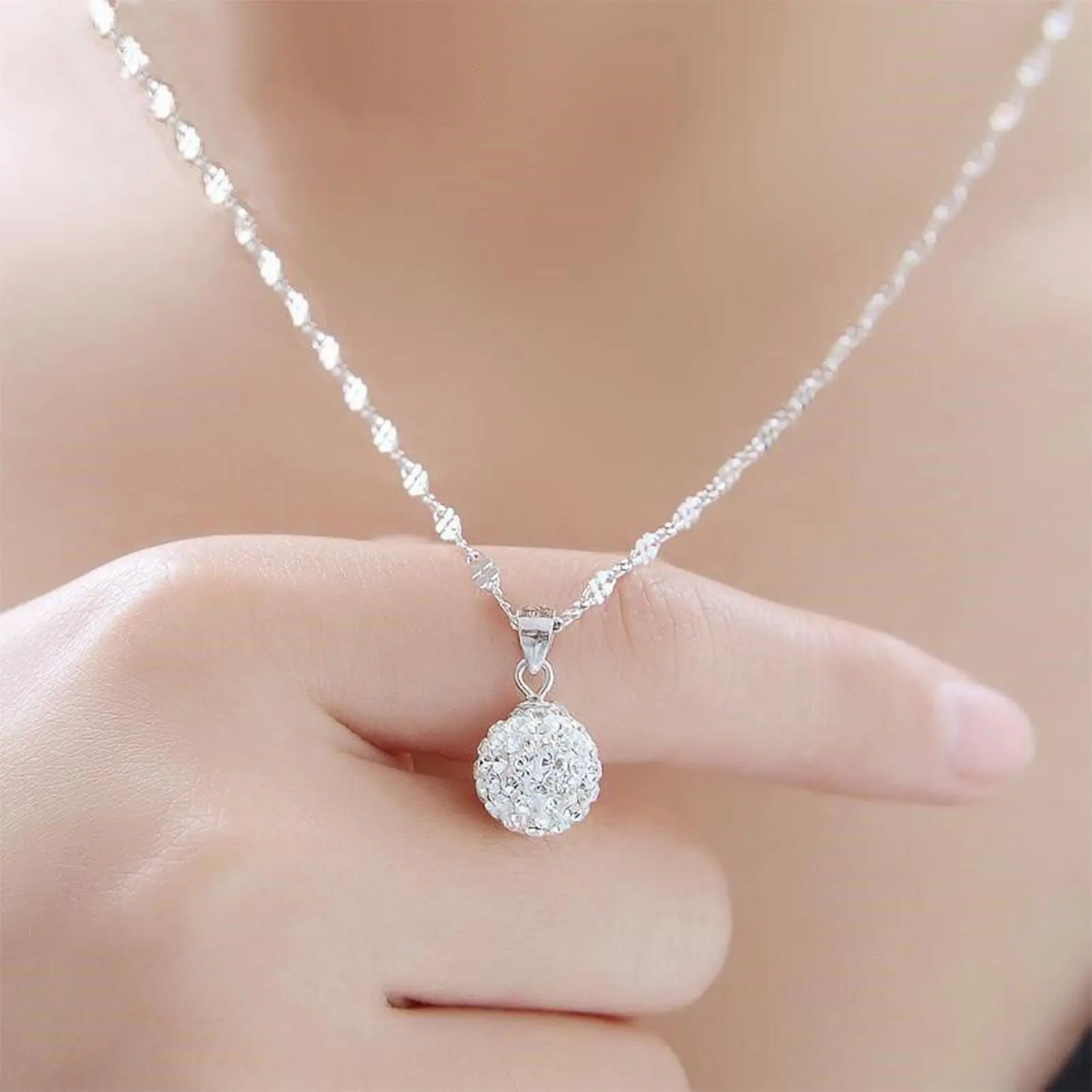 Kalung loket perak untuk wanita, loket bulat terang dengan kilauan, untuk Hari Kanak-kanak, hadiah Krismas