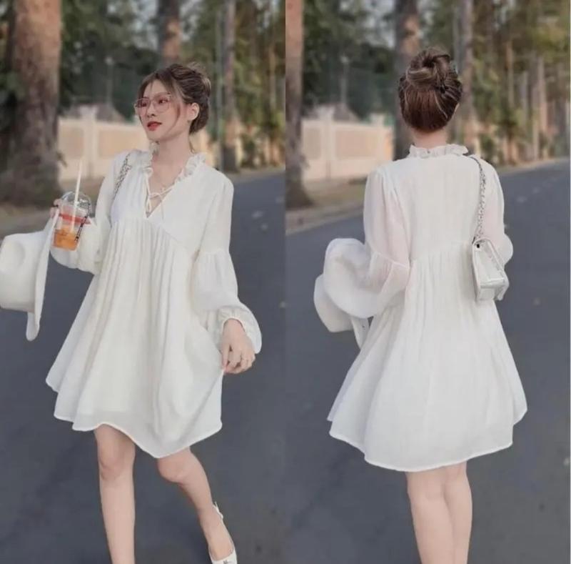 Đầm babydoll  Nữ  màu trắng, đen và đỏ  cổ tim bèo tay bồng, tình đầu quốc dân  DG4648 váy