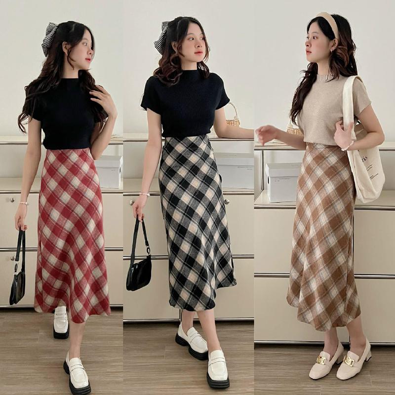 CHÂN VÁY DẠ HOẠ TIẾT KẺ CARO XẺ SAU DÁNG DÀI ULZZANG PHONG CÁCH HÀN QUỐC