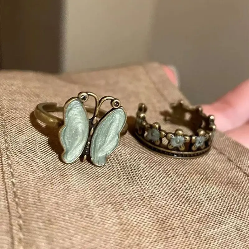 Secret Garden Mid-Ancient Twin Butterfly Ring Retro Distressed High Sense Niche Flowers Openings Ring Female