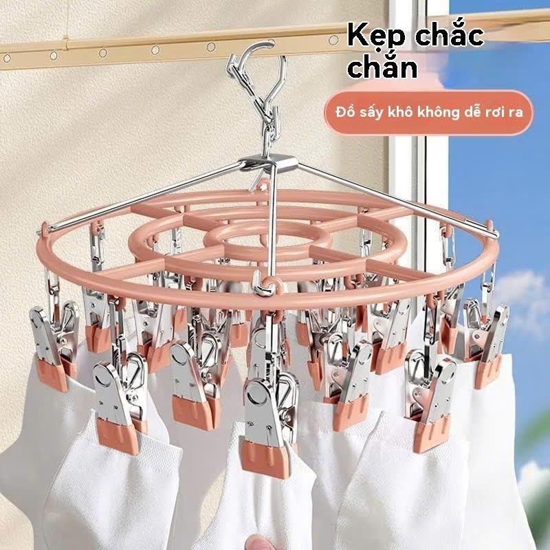 Móc trùm tròn inox  nhựa 20 kẹp treo phơi quần áo tất khăn mặt đồ lót không hằn vết có khóa chống rơi khung inox ccấp