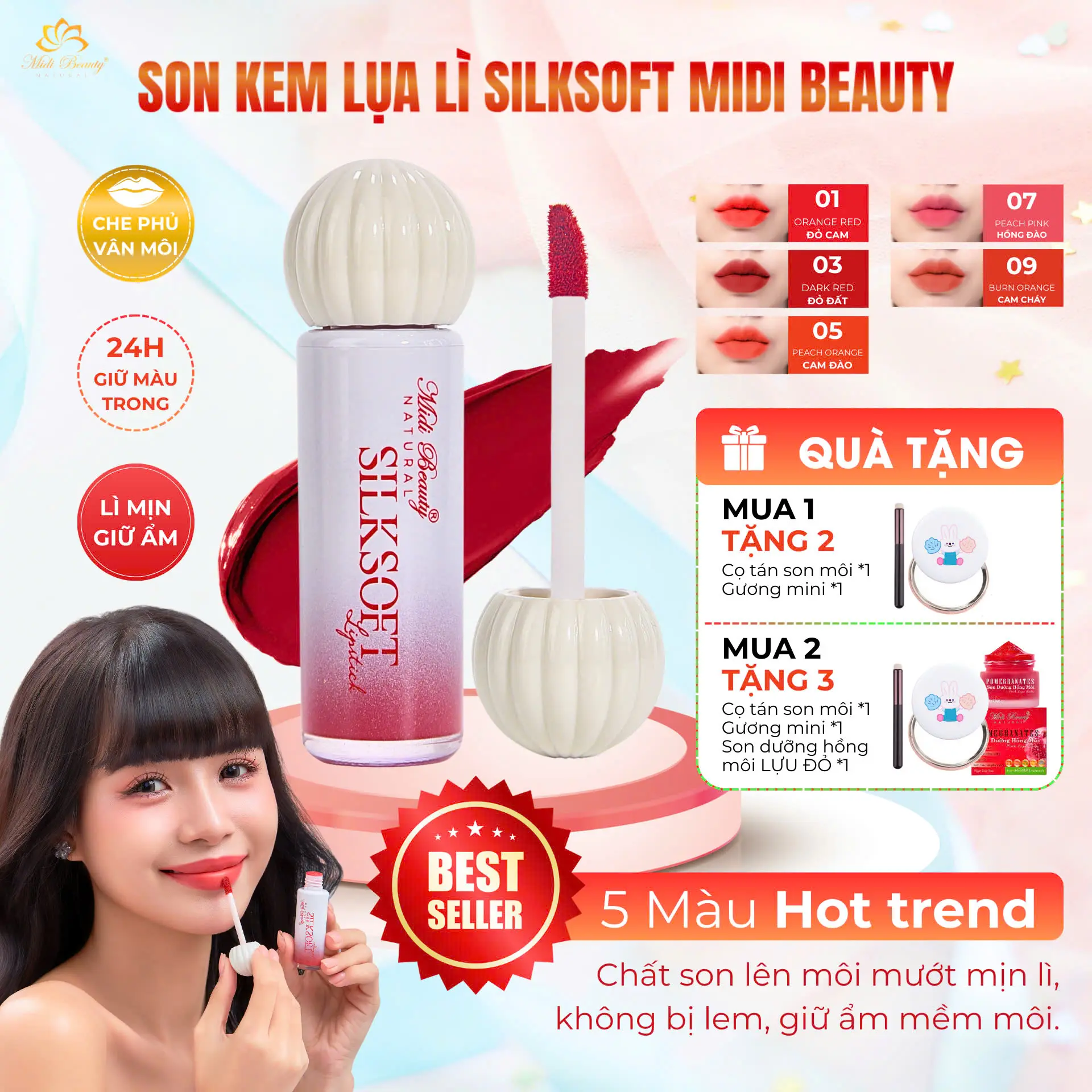[Tặng Cọ+Gương Soi Mini] Son Kem Lụa Lì SILKSOFT LIPSTICK Chất Son Lên Môi Mướt Mịn Lì, Không Bị Lem, Giữ Ẩm Mềm Môi, Bền Màu Lâu Trôi, 5 Màu (5g).[Mua 2 Màu Tặng 01 Son Dưỡng Môi Lựu Đỏ 10g] [Kèm Thẻ Bảo Hành] Nữ Trang Điểm Women Son Môi Mỹ Phẩm