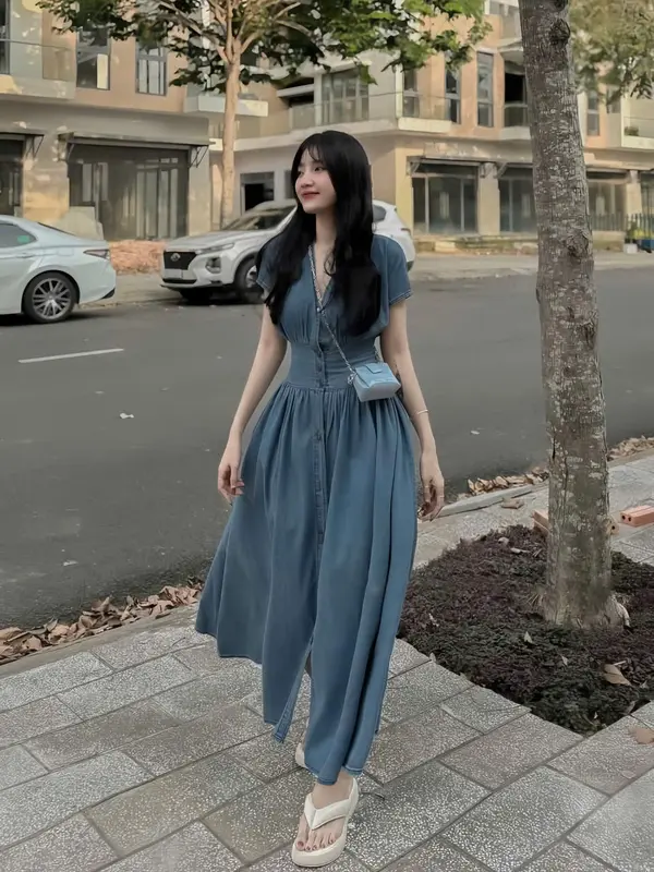 Đầm Nữ Xòe Maxi Dự Tiệc Jean QC cổ V Tay Ngắn Nút Gài Tôn Dáng Nữ Tính Dịu Dàng Thanh Lịch Sang Trọng Dễ Thương  - Free Size - Women, Top 5