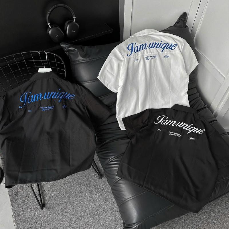 Áo sơmi UNIQUE tay lỡ unisex Thêu chữ Nam nữ unisex màu ĐEN/TRẮNG  Áo Sơ Mi form rộng Local Brand