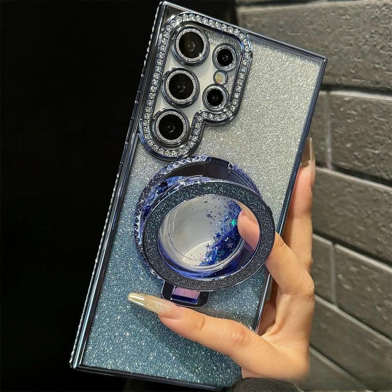 Product Introduction of Rhinestone Decor Phone Case with Ring Holder, 1 Count Magnetic Phone Protective Cover, Phone Accessories Compatible with Samsung Series 3