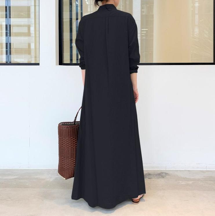 Product Introduction of Women European and American style cotton linen solid color lapel long sleeve insert bag simple loose casual long shirt dress 48