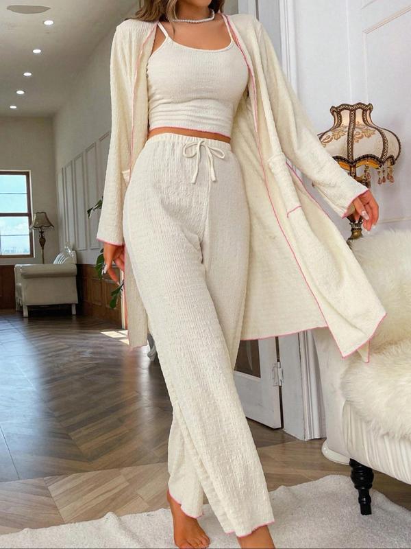 Women's Contrast Binding Belted Lounge Robe & Cami Top & Drawstring Pants Loungewear Set, Casual Comfy Long Sleeve Dressing Gown & Camisole & Trousers Pj Set, Ladies Sleepwear for Spring & Fall 7