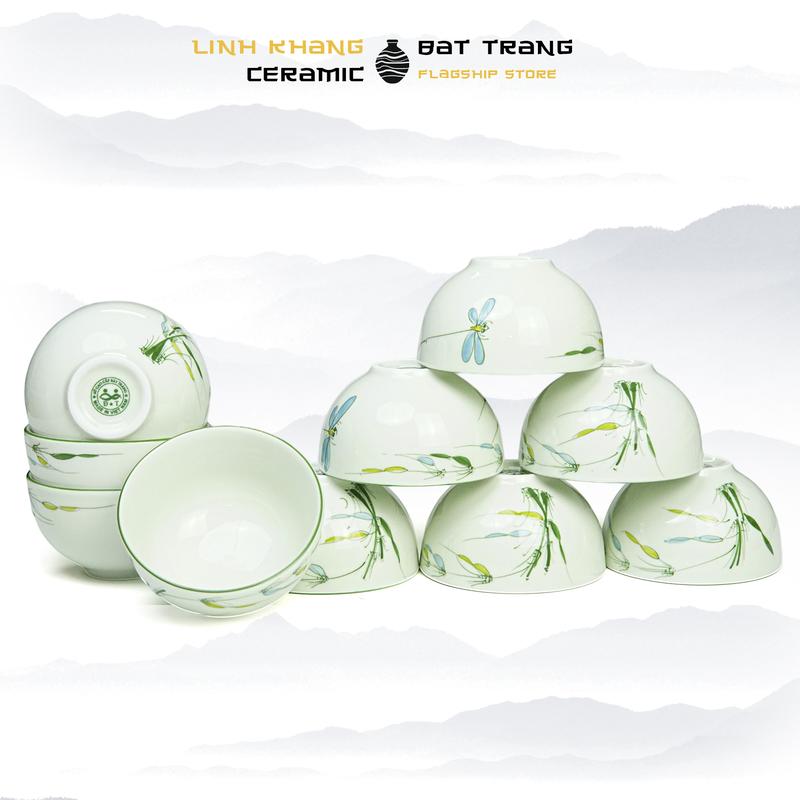 Bộ Bát Cơm,  Chén Cơm Họa Tiết Trúc Chuồn Vẽ Tay - Gốm Sứ Bát Tràng Linh Khang