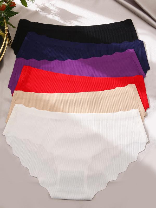 Women's 6pcs Minimalist Solid Scallop Trim Panty, Lady Basic Soft Comfort Seamless Knickers for Daily Wear All Seasons, Womenswear Underwear 5