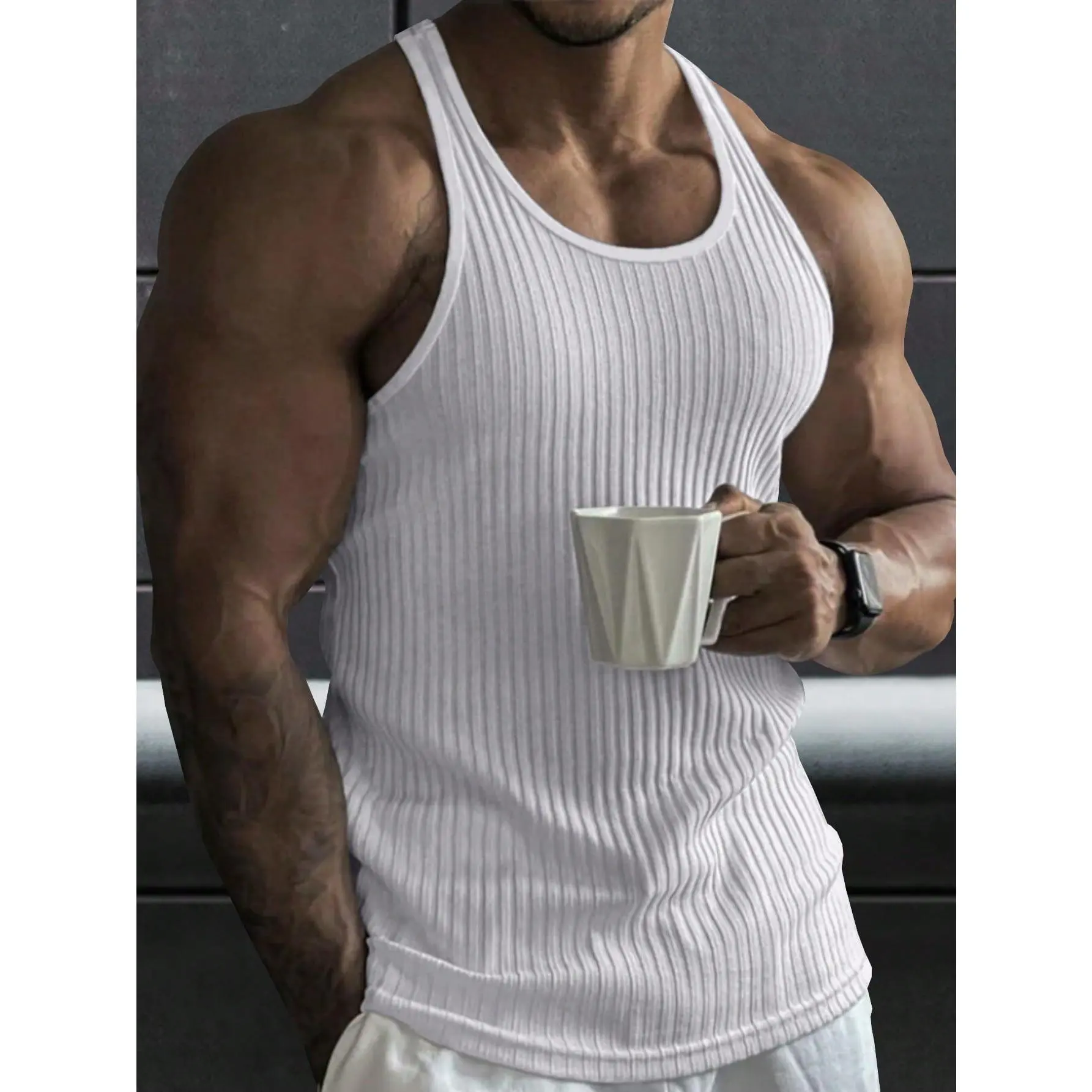 Manfinity Men Solid Ribbed Knit Plain Sleeveless Jersey Tank Top, For Workout Menswear Stretch