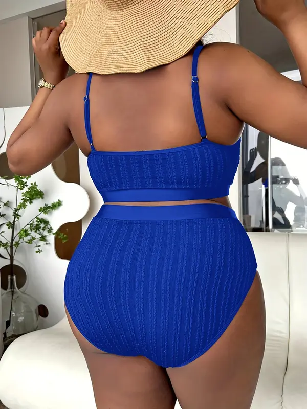 Plus Size Summer Textured Bikini Set, Casual Comfy Swim Top & High Waist Swim Bottom Swimsuit Set, Women's Swimwear for Summer, Tankini Outfit, Tankini Swimsuits Women 5