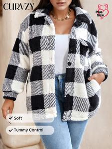 CURVZY Plus Size Plaid Print Button Front Pocket Plush Coat, Casual Long Sleeve Drop Shoulder Collared Outerwear for Fall & Winter, Women's Clothes for Daily Wear