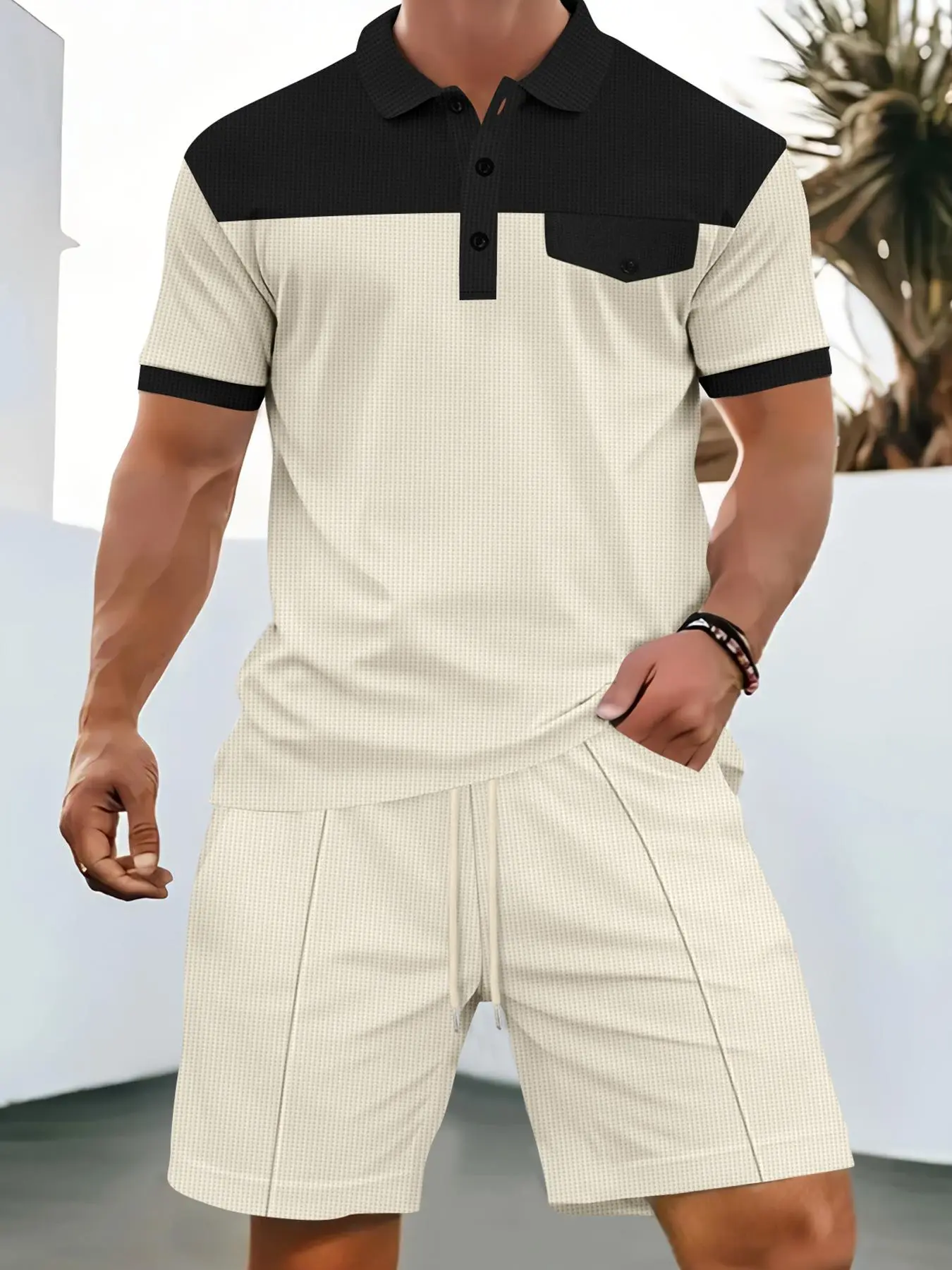 Two-Piece Set Men's Solid Half Zip Polo Shirt & Shorts, Loose Casual Comfy Breathable Short Sleeve Top & Shorts for Daily Outdoor Wear, Menswear for All Seasons