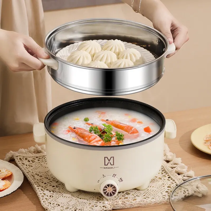 Nồi lẩu điện đa năng dung tích 4L công suất 1000W với 3 nấc nhiệt độ điều chỉnh thiết kế chống dính kèm xửng hấp 4