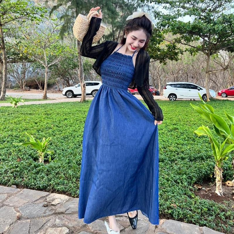 Bigsize Set đầm yếm jeans dài bo chun kèm khoác đen 55-95kg