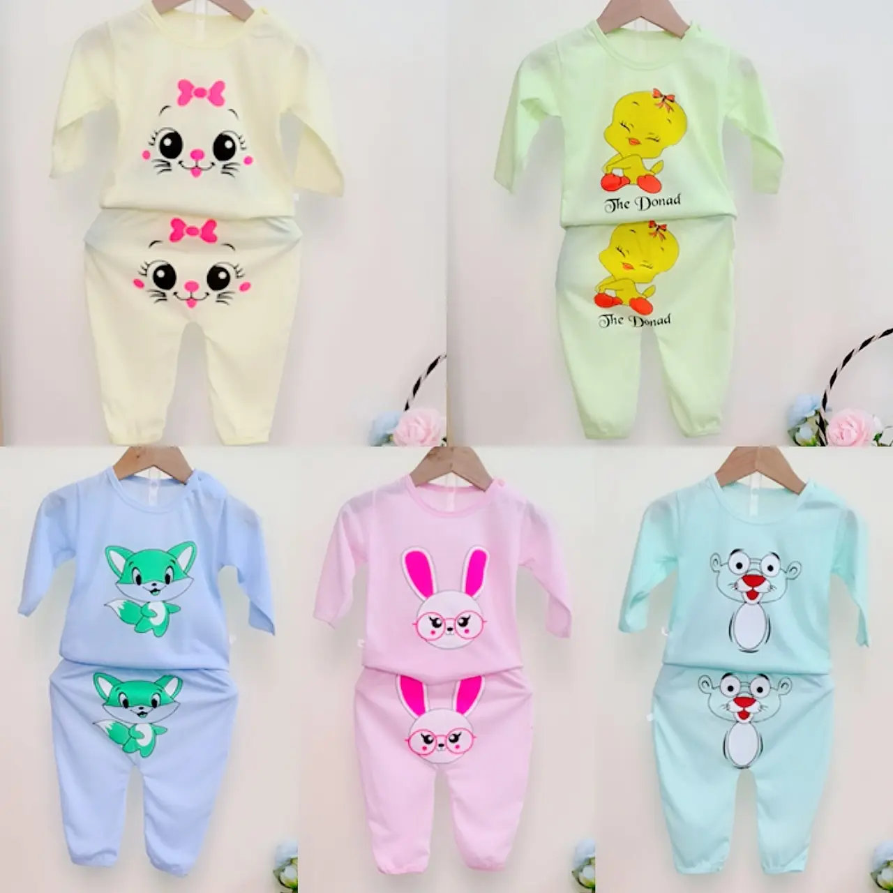 Set 5 bộ áo dài quần dài cho bé từ 3-12kg