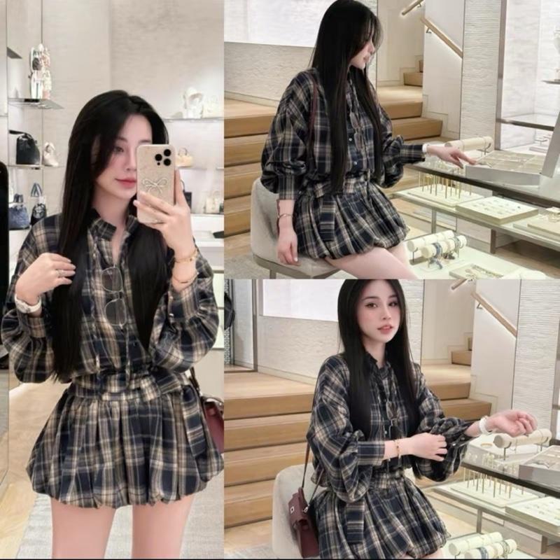 SALE - Set Váy Kẻ Caro Chân Váy Bí Xoè Chất Kẻ Thô Mềm Sang Chảnh - DinhLanAnhStore - Women Nữ