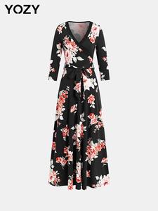 YOZY Women's Floral Print Belted Wrap A Line Dress, Elegant V Neck Long Dress for Party Holiday Wedding Guest, Ladies Clothes for All Seasons