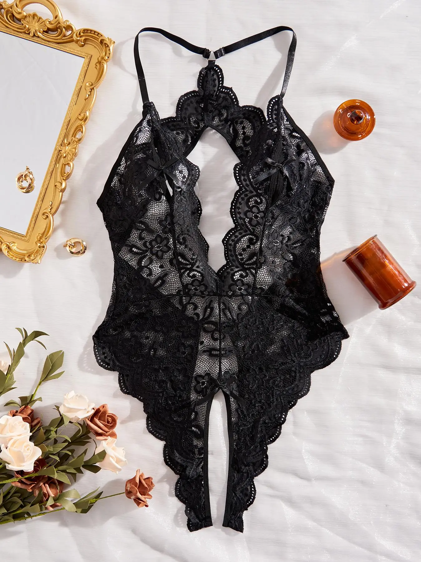 Women's Heart Ring Backless Deep V Neck Sheer Lace Bodysuit, Naughty Lingerie, Summer Clothes Women, Sexy Breathable Scallop Trim Bodysuit for Daily Wear, Ladies Summer Lingeries,  Womens Clothes
