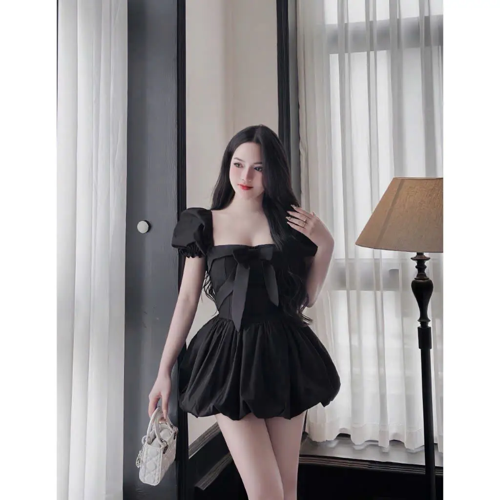[Kèm Quần Bảo Hộ] Váy bí tay bồng (Nơ ngực) chân váy bồng 2 lớp Women Dress vay hot đầm Brown Sang trọng nơ tiệc Kem Đen kieu black tie vayom body tondang váy xinh sang chảnh
