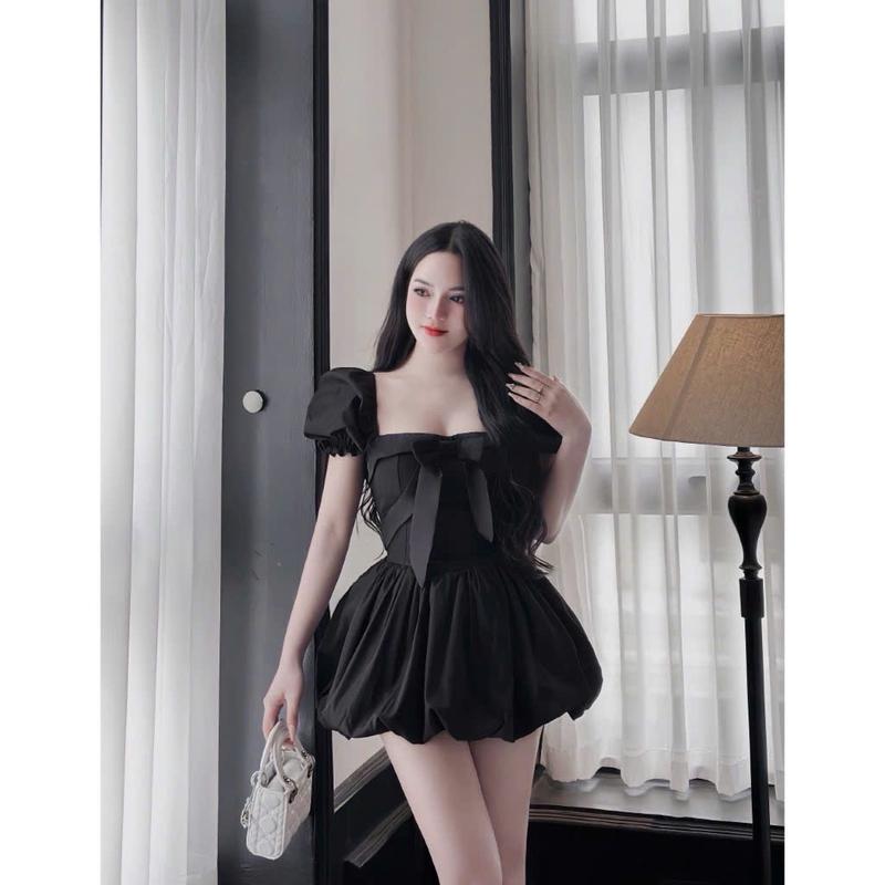 Kèm Quần Bảo Hộ Váy bí tay bồng Nơ ngực chân váy bồng 2 lớp Women Dress vay hot đầm Brown Sang trọng nơ tiệc Kem Đen kieu black tie vayom body tondang váy xinh sang chảnh